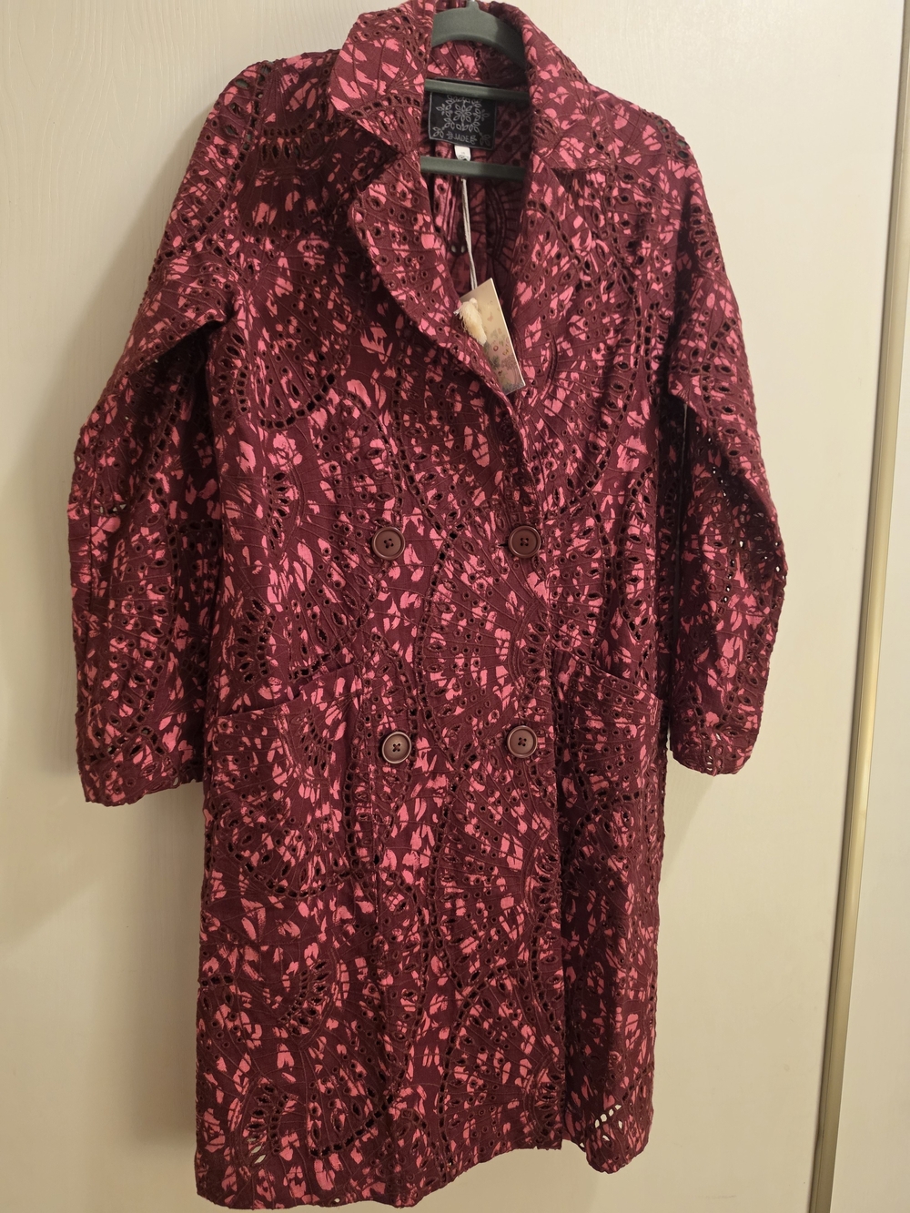 Johnny Was Burgundy and Pink Lace-Overlay Long Coat